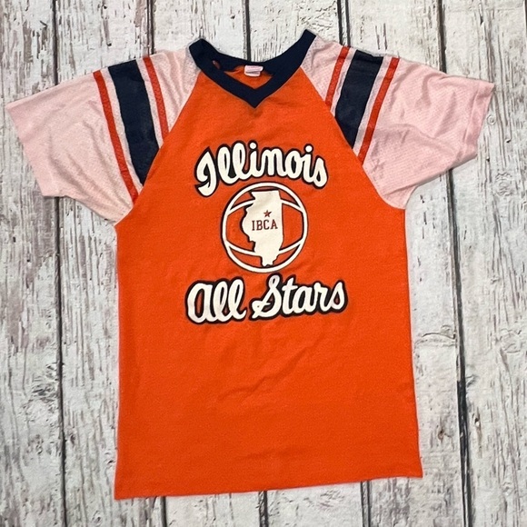 80s Vintage Illinois All Stars Champion Blue Bar 1980s Tee Top Shirt - Picture 1 of 6